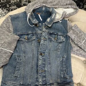 Free People Layered Denim Jacket with Gray Knit Hood and Sleeves